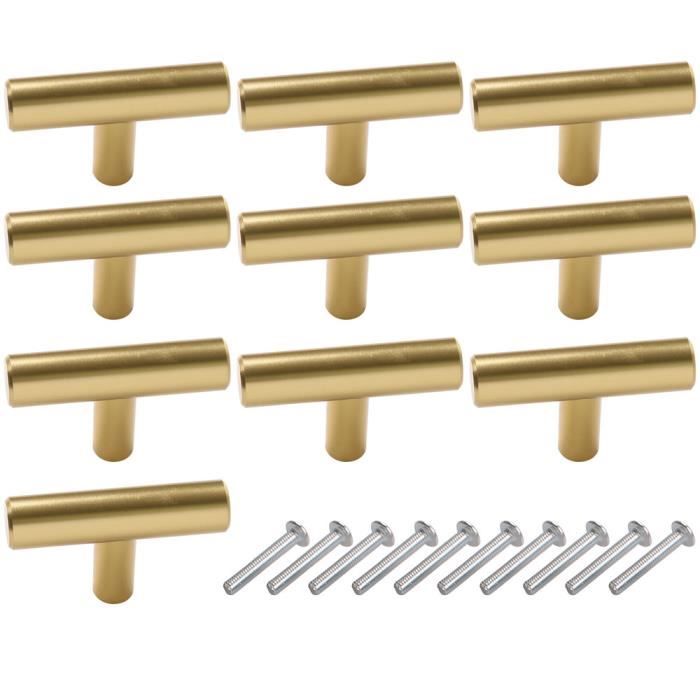 10Pcs Poignées en Forme T 60mm Monotrou Armoire Tiroir Porte Cuisine Meuble Couleur Or