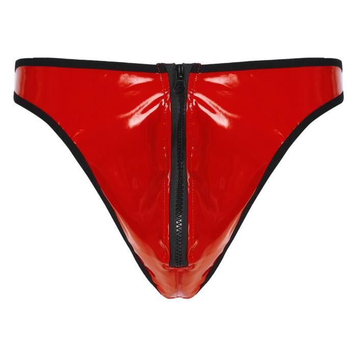 Iixpin String Sexy Homme Ouvert Zippé Slip Cuir Verni Jockstrap Gay Sous vêtement Erotique M XXL