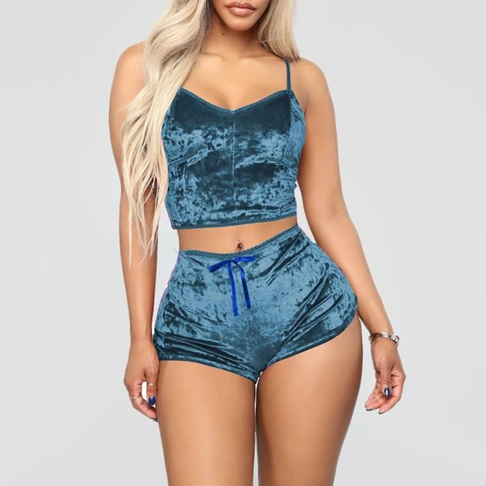 Nouvelles Femmes Deep V Lingerie Sexy Velours Camisole Bow Shorts