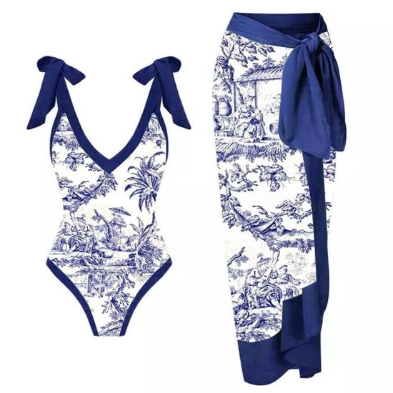 Maillot De Bain Une Pi Ce Bikini Maxi Robe Deux Pi Ces En Mousseline Lacets Bleu A Bleu