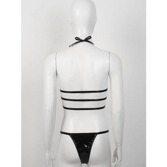 Iixpin Ensemble Lingerie Sexy Femme Cuir Verni Bikini Dos Nu Thong Sous