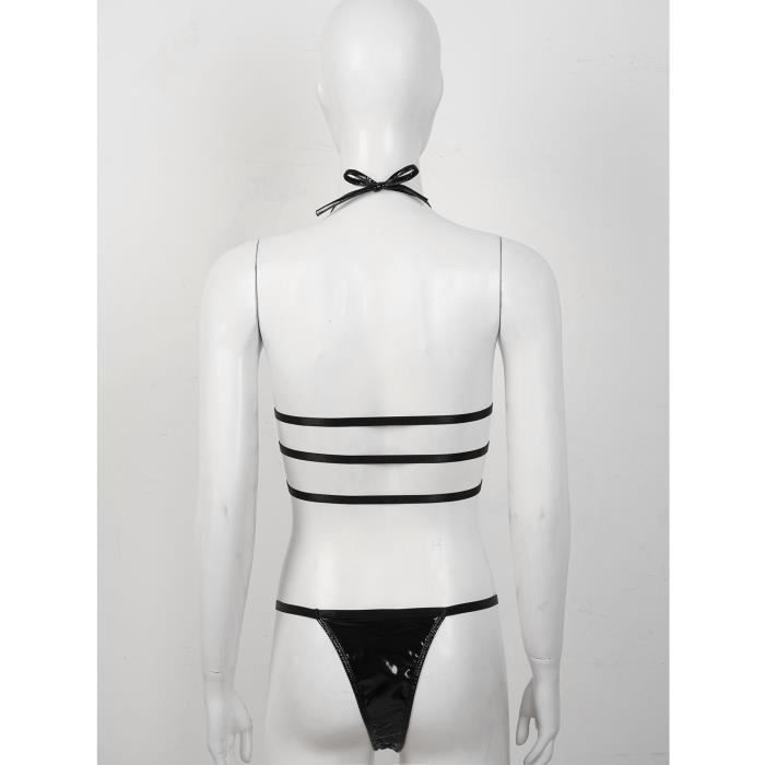 Iixpin Ensemble Lingerie Sexy Femme Cuir Verni Bikini Dos Nu Thong Sous