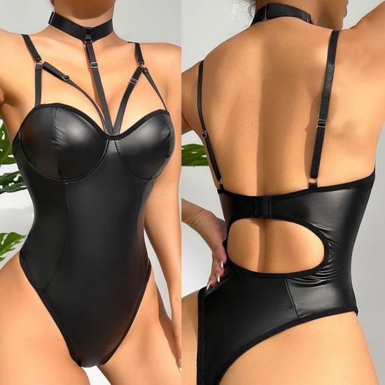 Ensemble de lingerie sexy une pièce en simili cuir verni sexy pour
