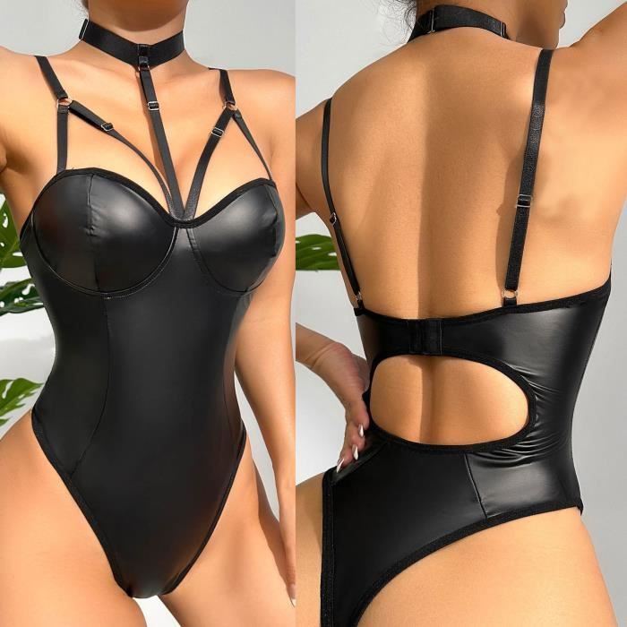 Ensemble de lingerie sexy une pièce en simili cuir verni sexy pour