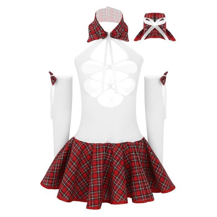 Femme Ensemble de Lingerie Sexy Uniforme Étudiant Tenue Soubrette Mini Jupe Plissée Plaid