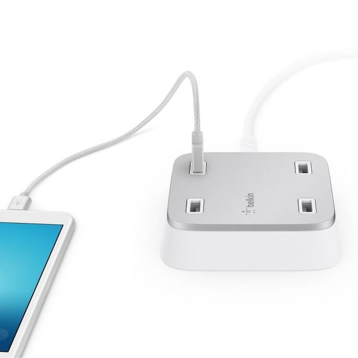 BELKIN Chargeur USB 4 ports, 5,4A partagé, 27W avec câble d'alimentation secteur moulé de 3m - Blanc
