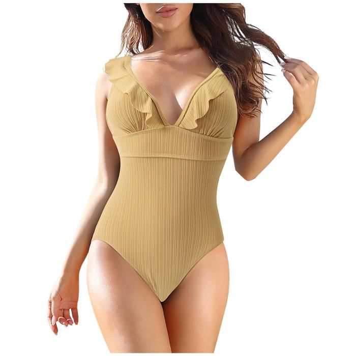 Maillot de bain bikini à col en V avec cravate dentelle couleur unie pour femme Ensemble maillot