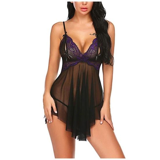 Femmes Sling Lace Print Lingerie Sexy Camisole Nightdress Jupe Sexy Underwear N39486 Violet