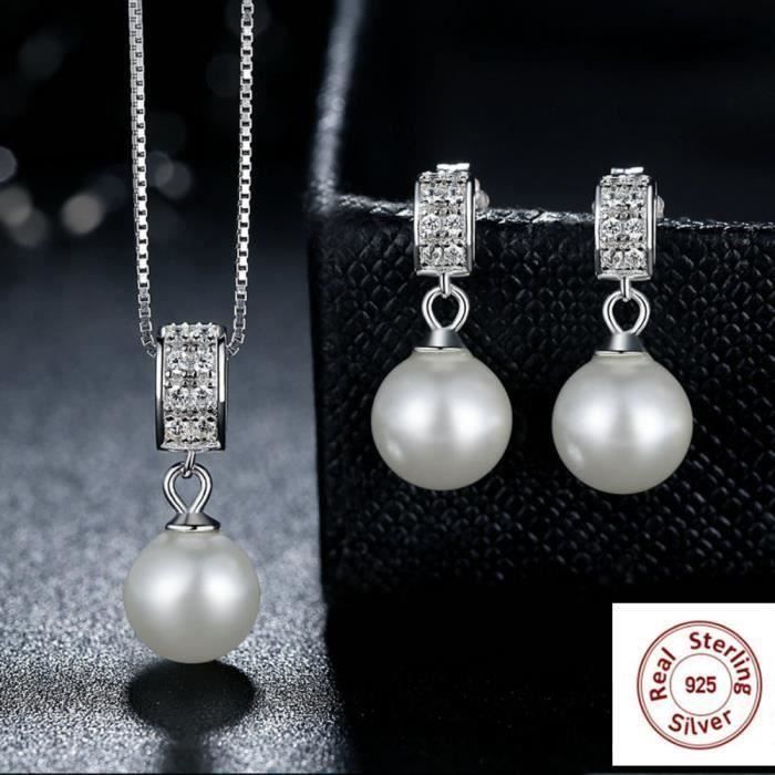 MERRILL Parure Régler bijoux Femme 4ps Swarovski Elements Cristal Platine Perles d'eau douce boucles d'oreilles + Collier pendenti