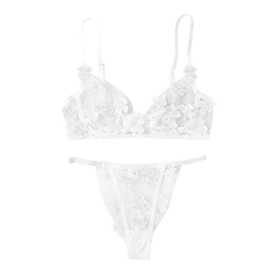 Soutien Gorge Sexy G String Fleurs Broderie Bralette Dentelle Bustier Lingerie String Blanc