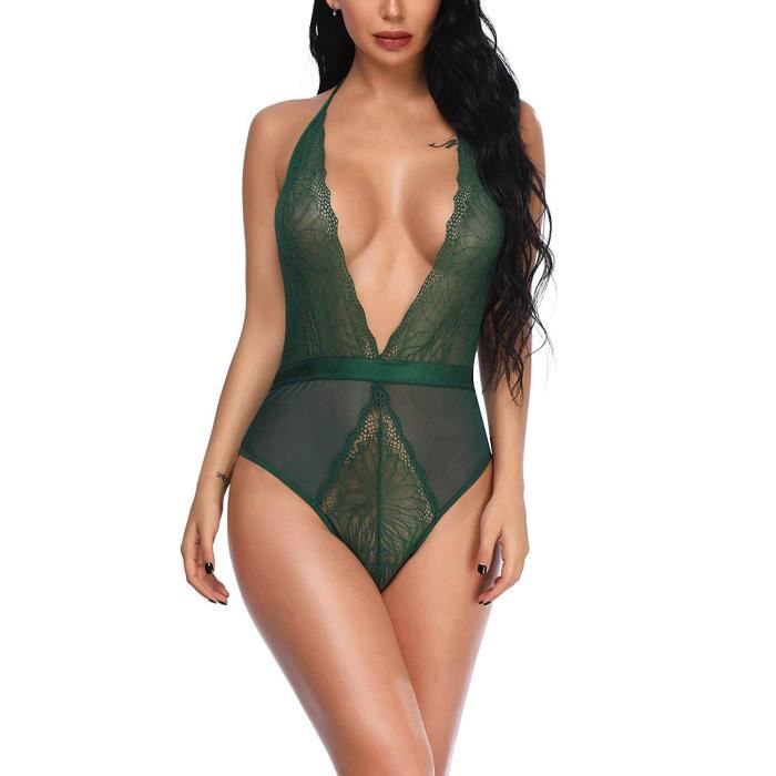 Body Femme Sexy Dentelle Florale Col V Profond Babydoll Lingerie Dos