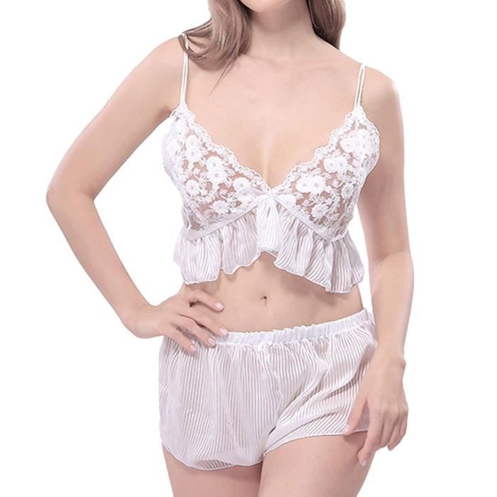 Womne Lace Sheer Elastic Camisole Satin Lace Short Lingerie Nightwear Pyjama Set N Blanc