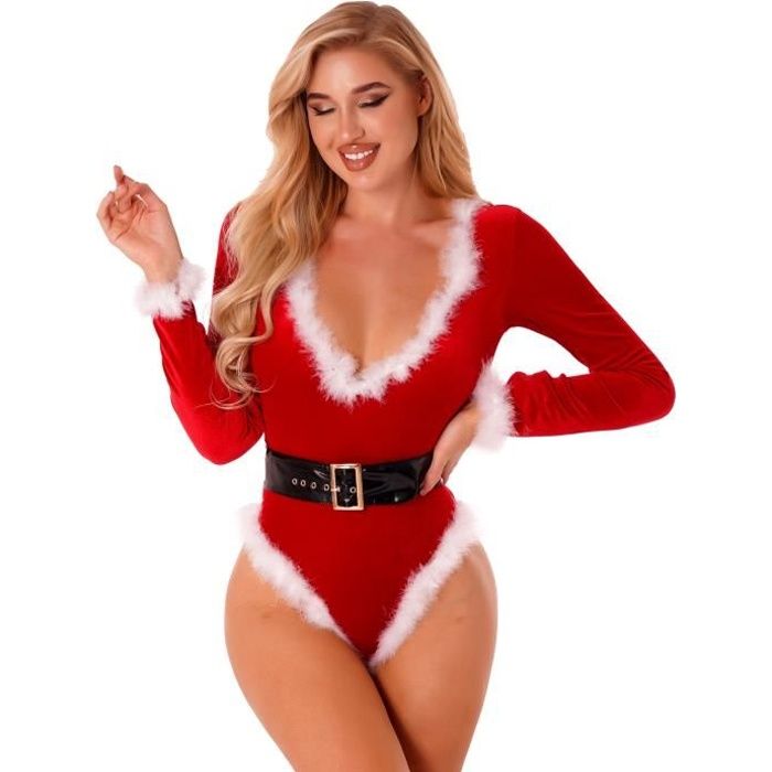 IEFIEL Body Noël Femme Col V Profond Sexy Lingerie de Nuit Bodysuit