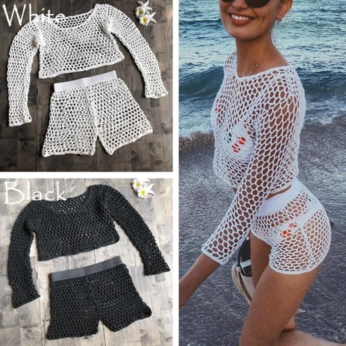 Robe en résille pour femmes Crochet fente maille Cover Up pour Bikini manches longues