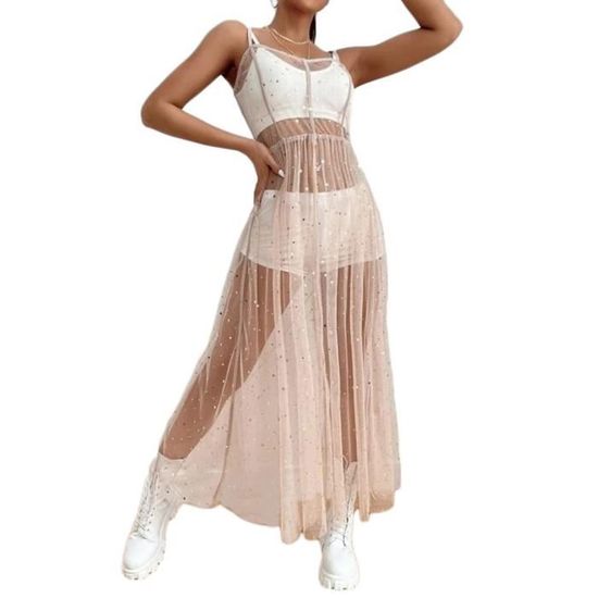 Minetom Robe D Collet Sans Manches Cache Maillots De Bain Bikini Courte Femme Filet Mailles