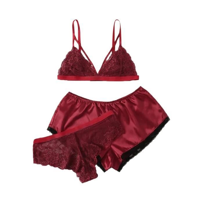 Ensemble Brassiere Et Shorty Femmes Mode Sexy Dentelle Lingerie Trois