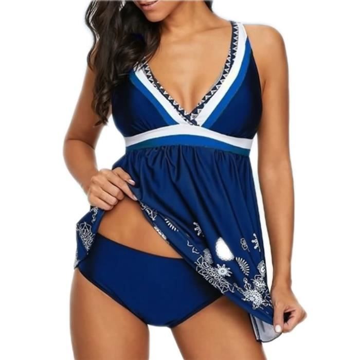 Maillot De Bain Avec Jupette Femme Dos Nu Bikini De Plage Imprim Bleu