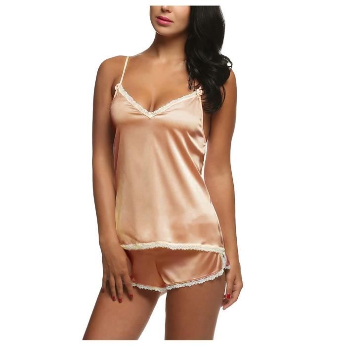 Ensemble Caraco Et Shorty Pour Femme Sexy Lingerie De Nuit Satin Silk