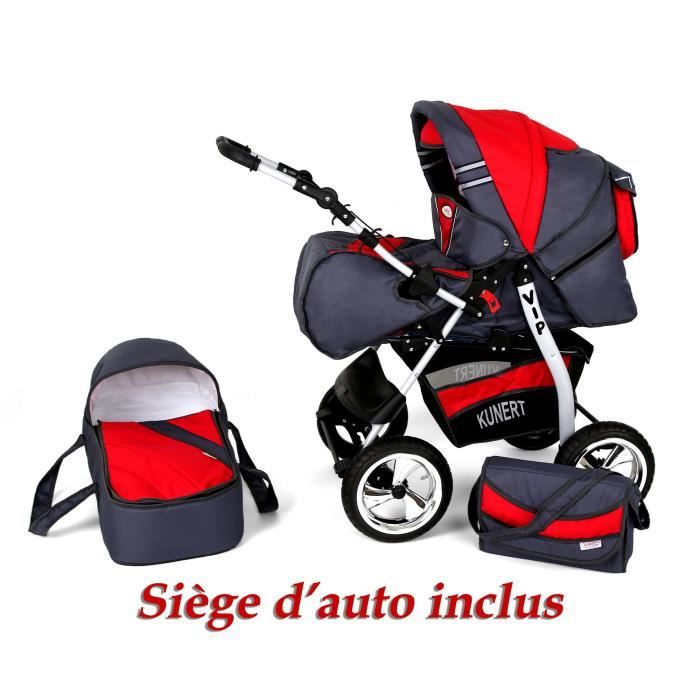 Poussette / Landau combiné 3en1 multifonctions avec équipement bébé enfant 0-36m Roues en caoutchouc Volver | Graphite et Rouge.