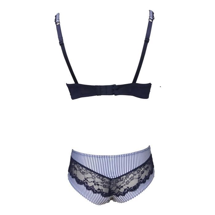 Ensemble lingerie soutien gorge 90B push up et culotte bleu et blanc à rayures Bleu Cdiscount