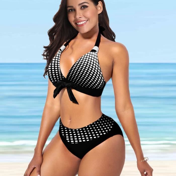 Femmes Sexy maillot de bain taille moyenne treillis imprimé Bikini