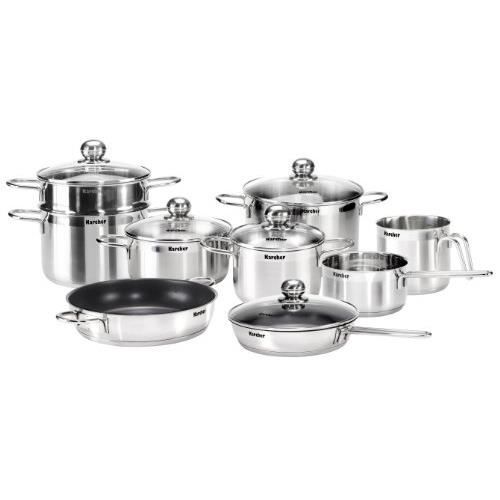 KARCHER JETTE BATTERIE DE CUISINE EN ACIER INOXYDABLE 14 PIÈCES 5 COUVERCLES EN VERRE INCLUS COMPATIBLE INDUCTION ET LAVE-VAISSE