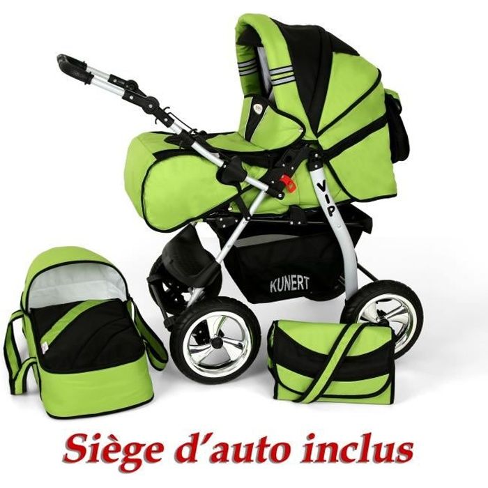 Poussette / Landau combiné 3en1 multifonctions avec équipement bébé enfant 0-36m Roues en mousse Volver | Verte et Noire. Verte Et