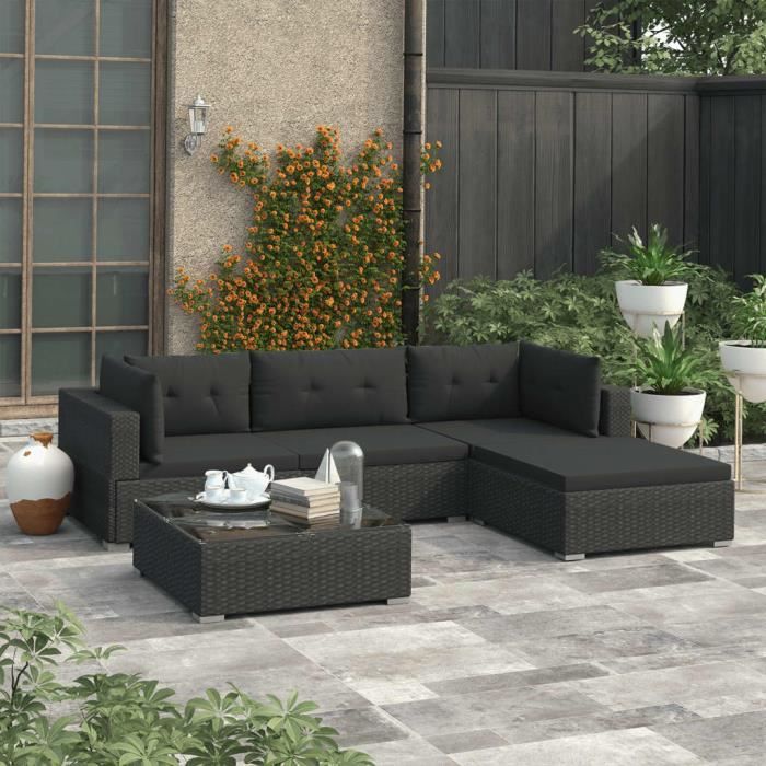 ZHIHU Salon de jardin 5 pcs avec coussins Résine tressée Noir #24