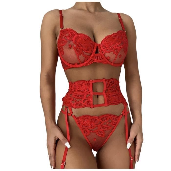 Ensemble Brassiere Et String Tanga Pyjama En Dentelle Satin Lingerie