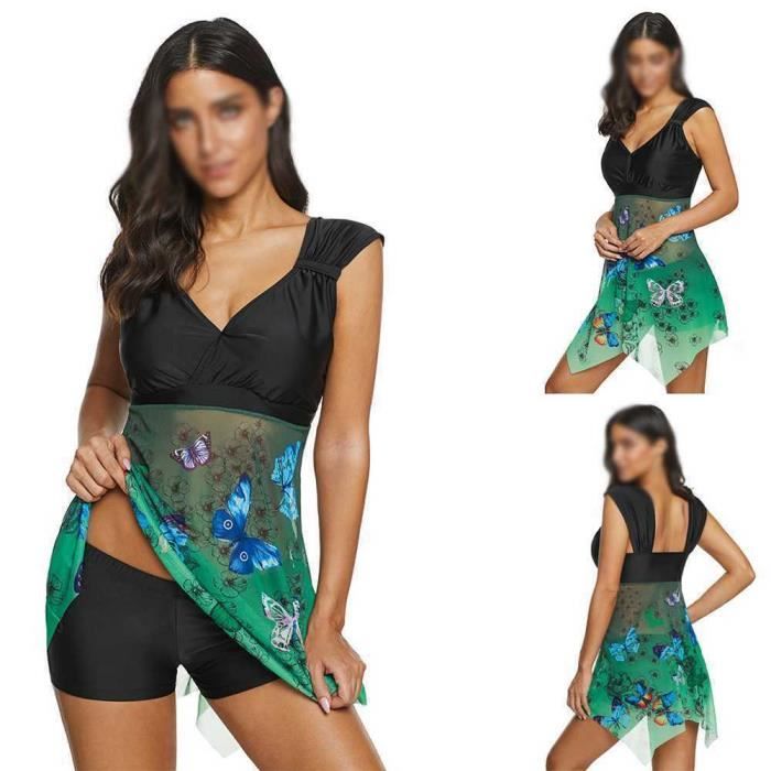 Maillot De Bain Pi Ces Avec Jupette Transparent Mesh Vert Papillon Imprim Bikini Tankini