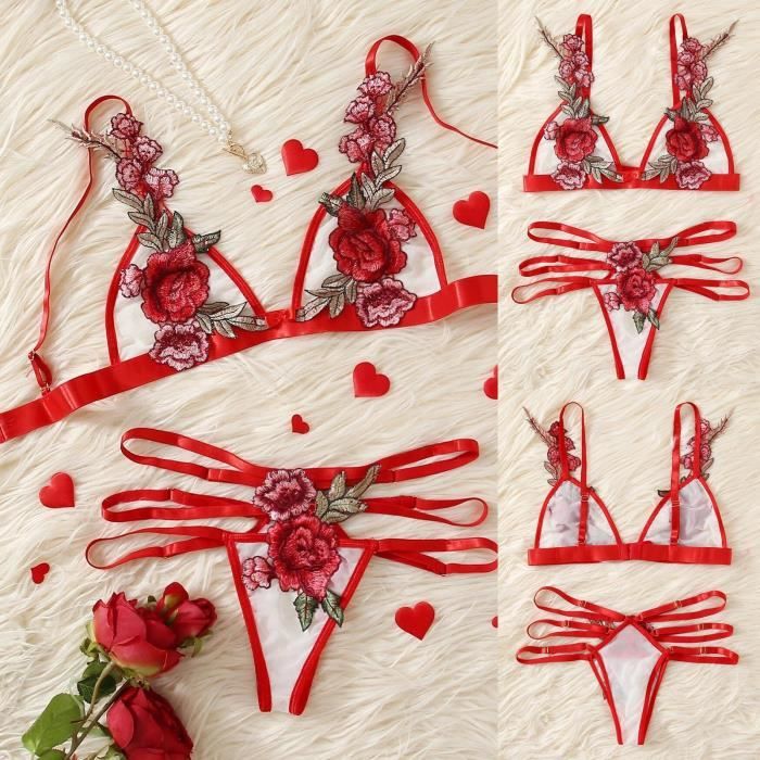 Sexy G String Fleurs Rose Broderie Bralette Dentelle Soutien Gorge Bustier Lingerie String Red
