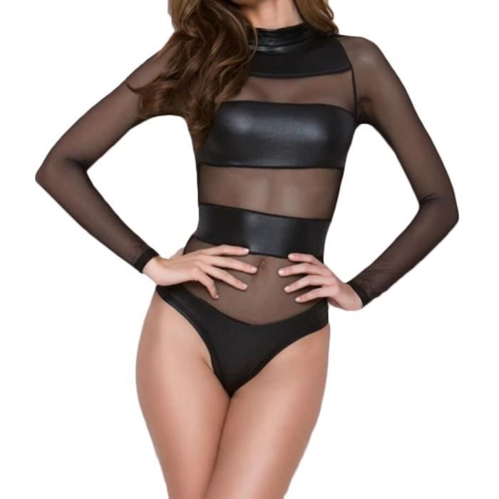 Femmes Cuir Sexy Clubwear Sous V Tements Sexy Splice Lingerie Body Combinaison N Noir