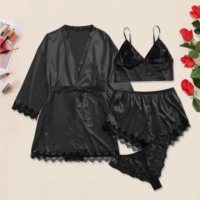 Pyjama Plus Size Lingerie Sexy Femmes Robe En Soie Peignoir Satin Pyjamas Xxxl Noir Y Noir