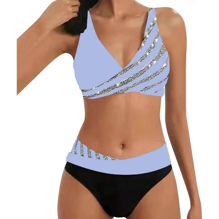 Maillot de Bain Bikini Femme 2 Pieces Imprimé Push Up Night blue Blanc Night blue