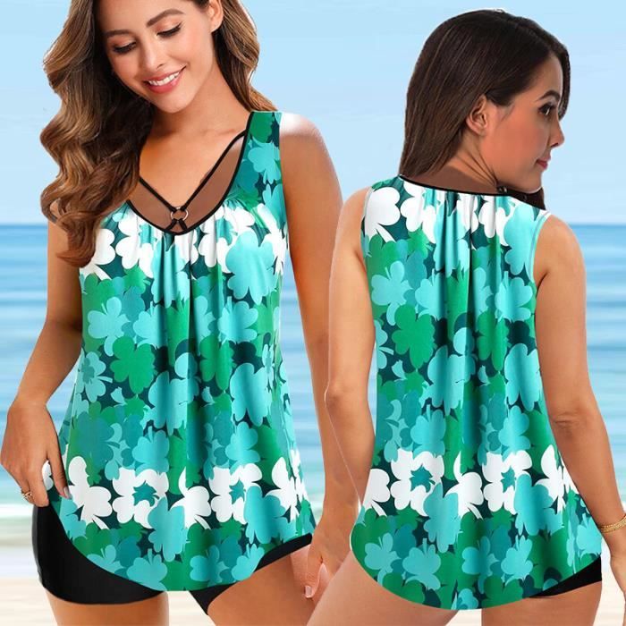 Maillot De Bain Femme Sport Tankini Grande Taille D Impression Bikini Gros Bustes Green