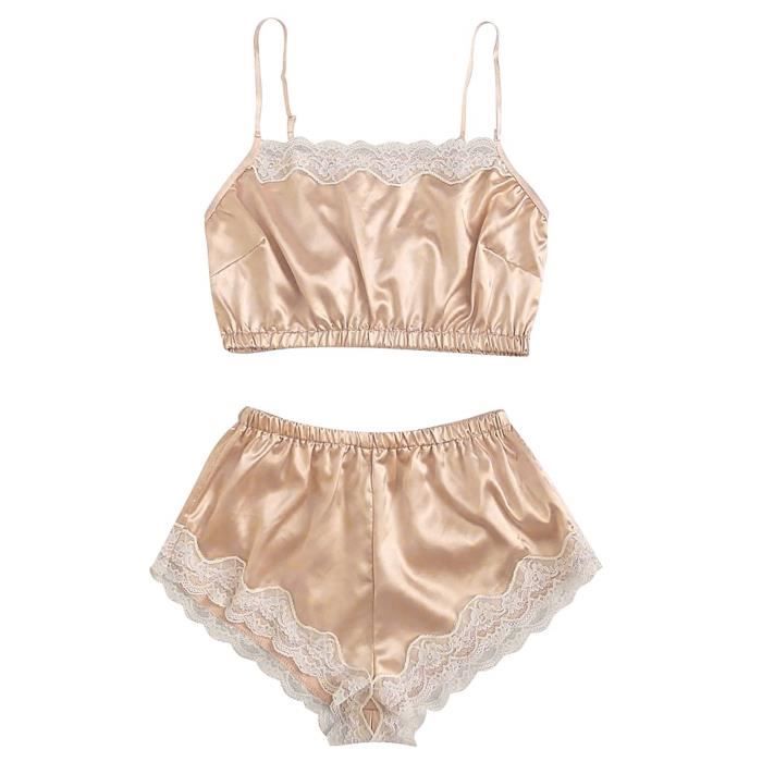 Ensemble Brassiere Et Shorty Nouvelle Lingerie Sexy En Dentelle En Soie De Nuit En Satin Beige