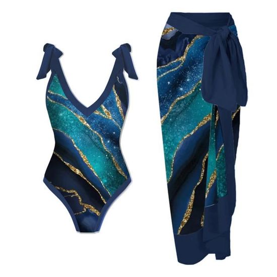Maillot De Bain Une Pi Ce Bikini Maxi Robe Deux Pi Ces En Mousseline Lacets Bleu A Bleu