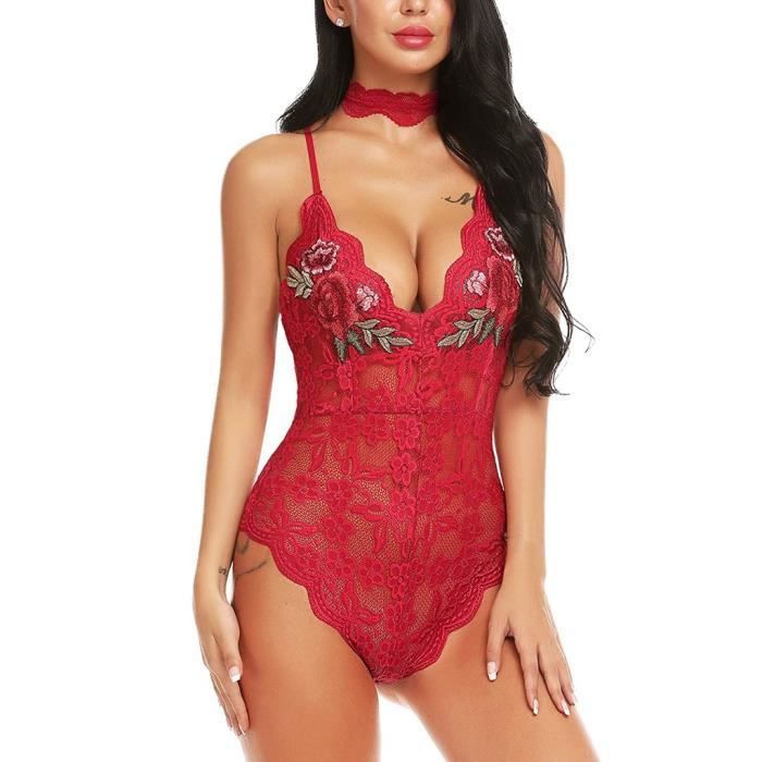 Body Sexy En Dentelle Col En V Pour Femmes Lingerie En Peluche Broderie Avec Col L Rouge