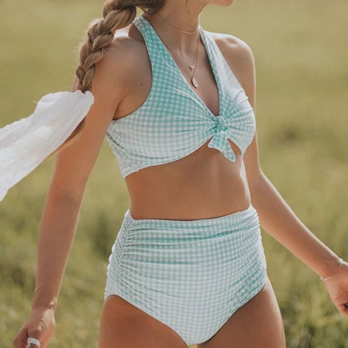 Femmes Mode Sexy Check Impression Maillot De Bain Taille Haute Split Bikini Set Maillots De Bain