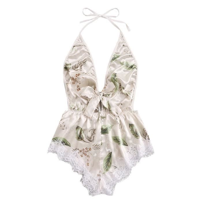 Femmes Impression Dentelle Tache Arc Lingerie Body Dos Nu Pyjama