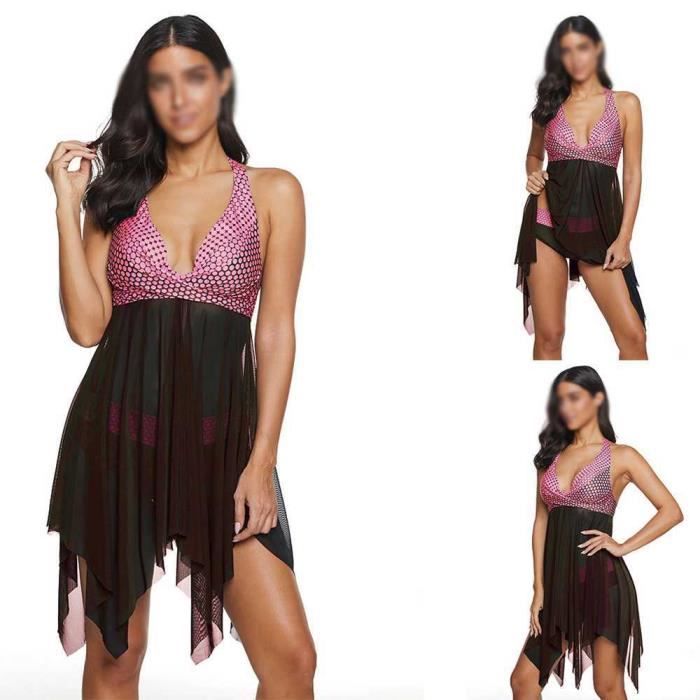 Maillot de Bain pièces avec Jupette Bandage Géométrie Imprimé Transparent Rose Bikini Tankini