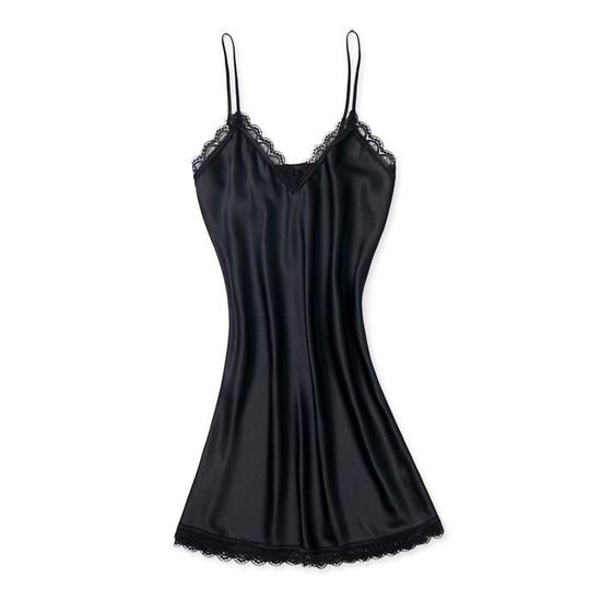 Nuisette Noir taille XXL pyjama déshabillé en tissu satiné et dentelle lingerie nuit femme sexy