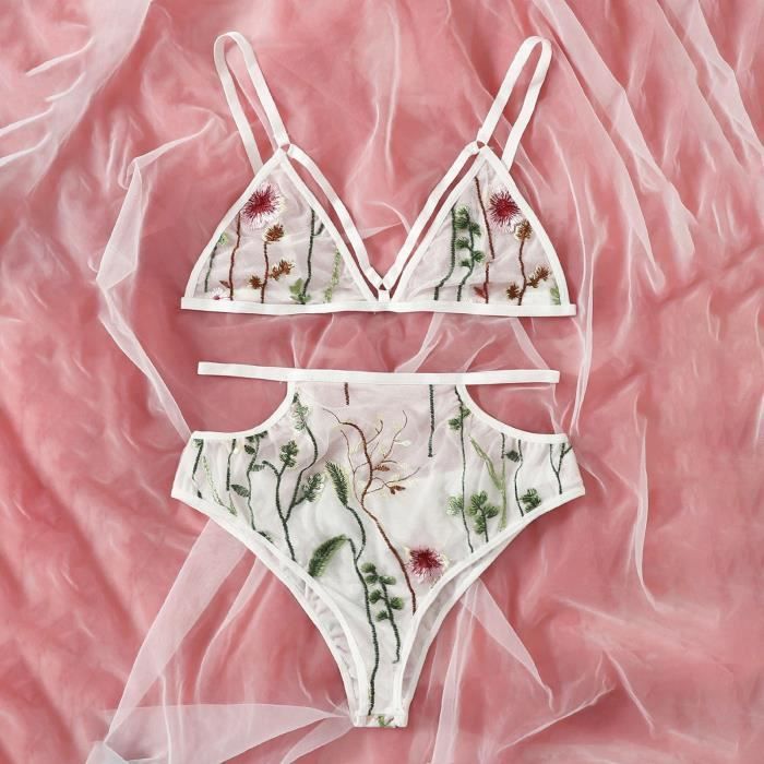 Mesdames Mode L Gante Lingerie Sexy Ensemble Broderie Florale Gaze