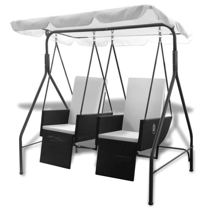 Balancelle confort Balancelle Relax and Play Balancelles de jardin noire 2 places avec fauteuils inclinables en ploryrotin
