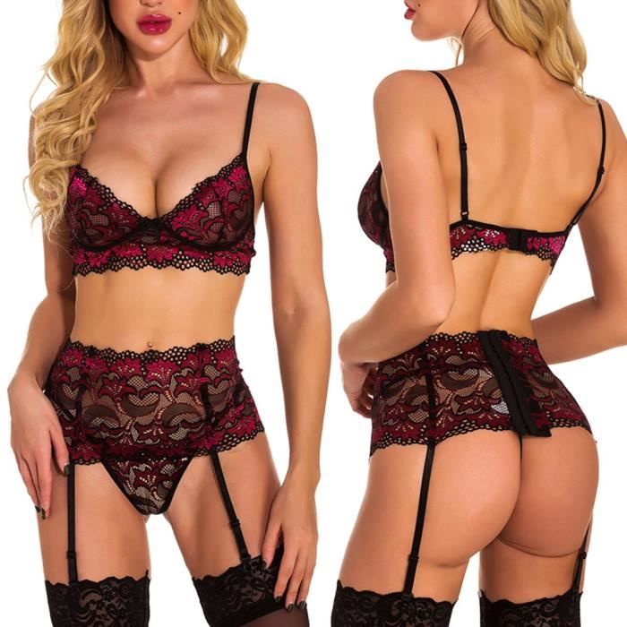 Femmes Sexy Broderie Dentelle Soutien Gorge Lingerie Sexy Avec Jarreti Re String Ensemble Sous