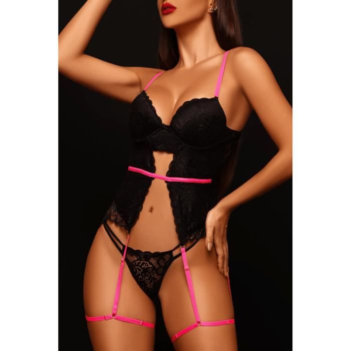 Ensemble Lingerie Femme Aiud En Dentelle Noire Blocs De Couleur Avec
