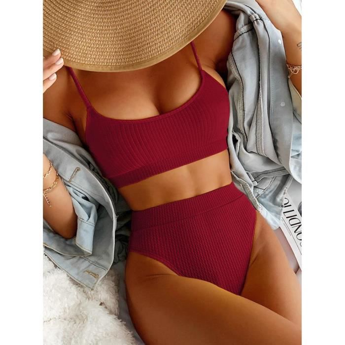 Maillot De Bain Rainur Taille Haute Bikini Ensemble Deux Pi Ces Couleur Solide Sexy Pour Femmes