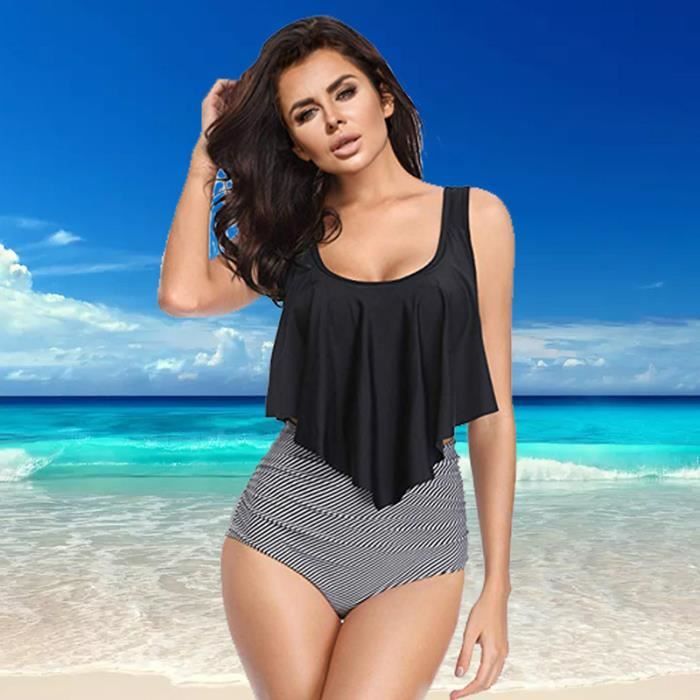Mesdames deux pièces bikini taille haute feuille de lotus imprimé