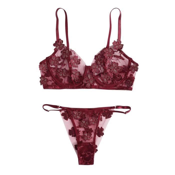 Ensemble Brassiere Et String Tanga Pyjama En Dentelle Satin Lingerie