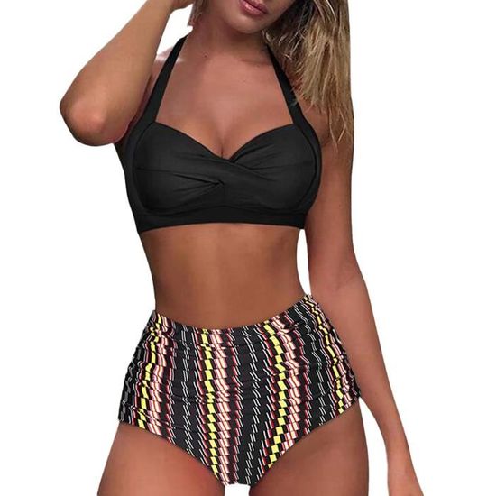 Maillot de Bain 2 Pieces Femme Licou Bikini Froncé et Torsadé Ensemble